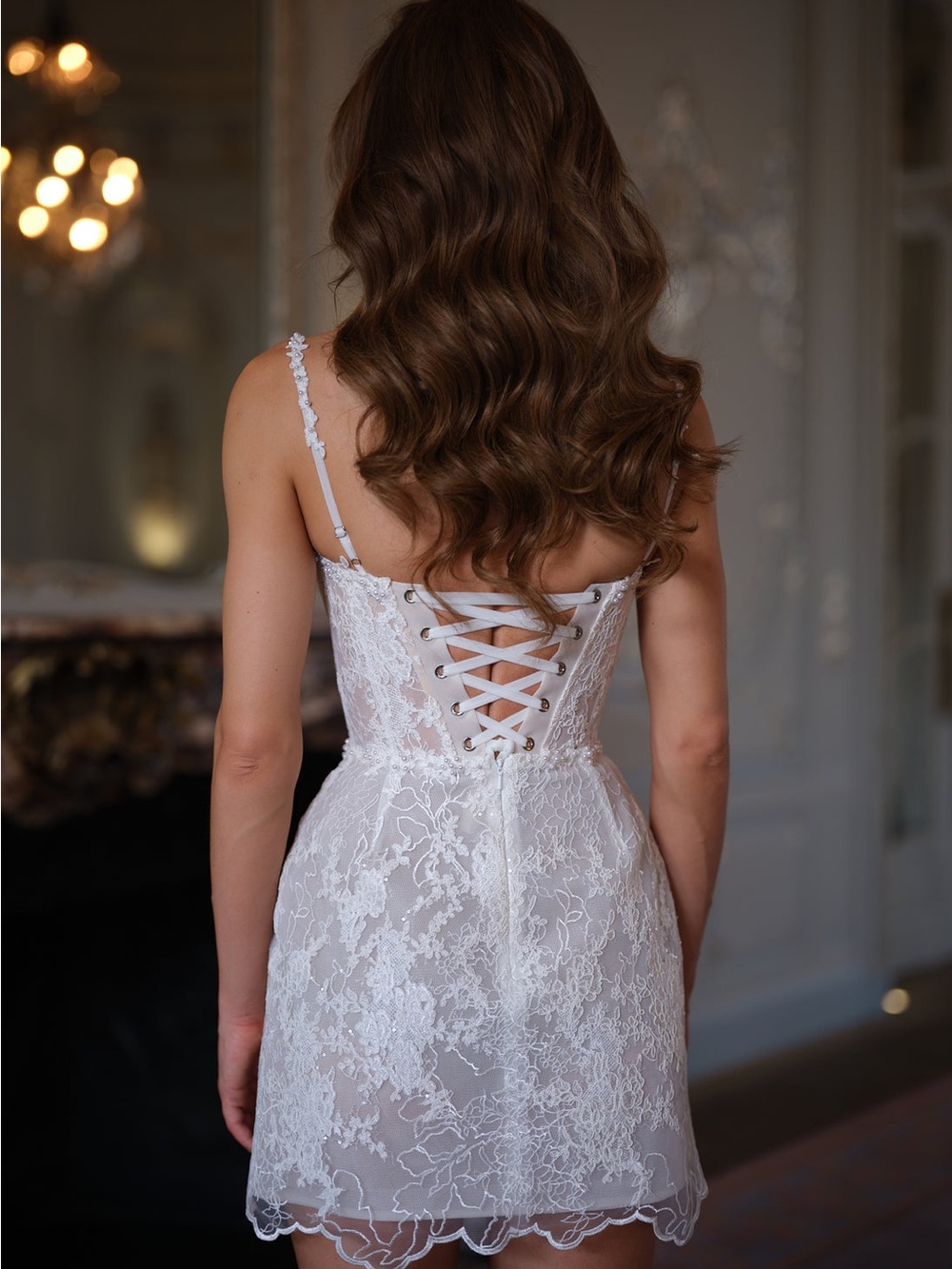 LARA White Lace Sheer Corset Mini Dress with Floral Applique - Picture 2 of 9